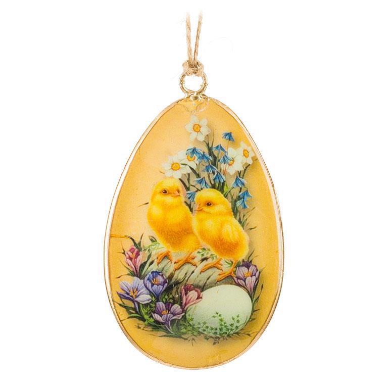 Chick and Flowers Egg Metal Ornament