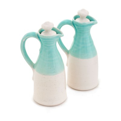 Oil Vinegar Bottle Set 2 White/Turquoise Ceramic